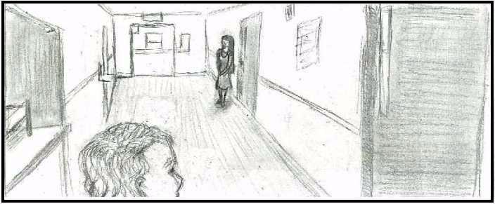 Pictured: Long hallway with Meri Lin emerging from the examination room. In the foreground is the back of a man's head. His hair is blonde and slightly curly.